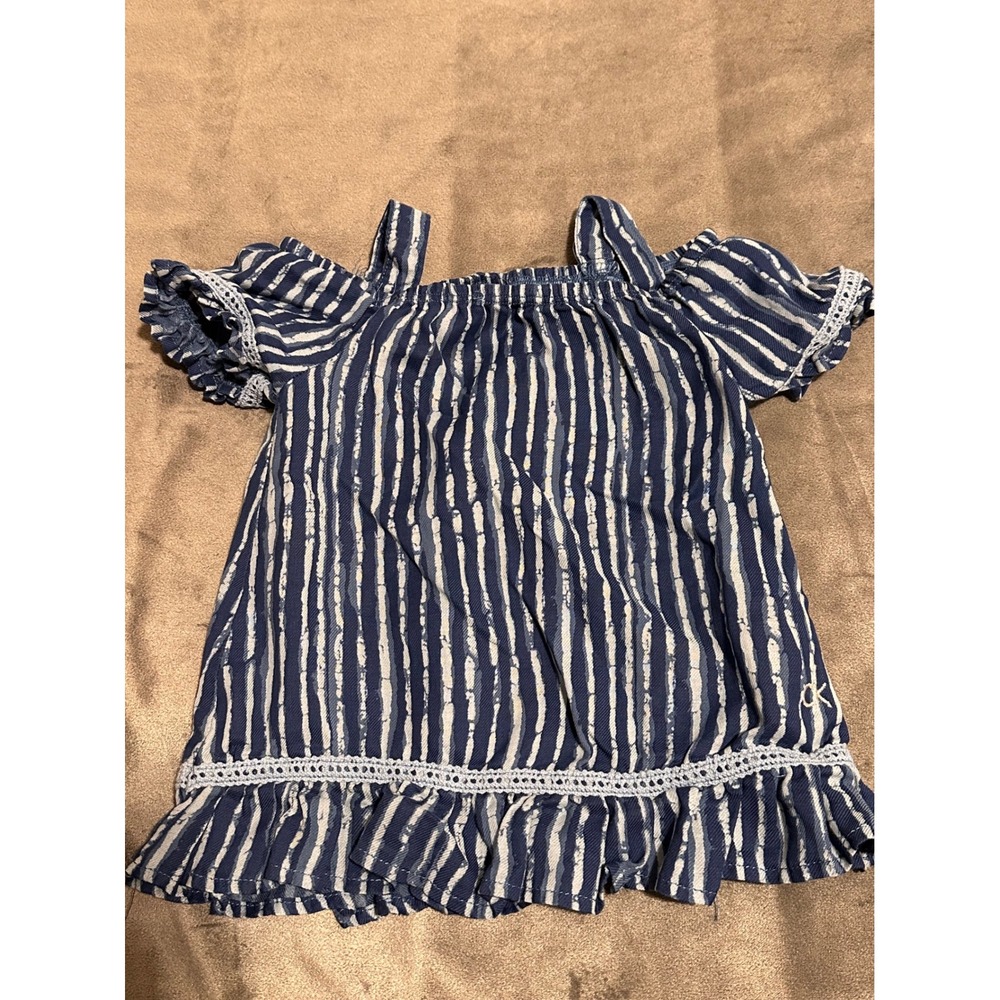 Calvin Klein Jeans Baby Girls Blue White Striped Cold Shoulder Ruffle Top 24M